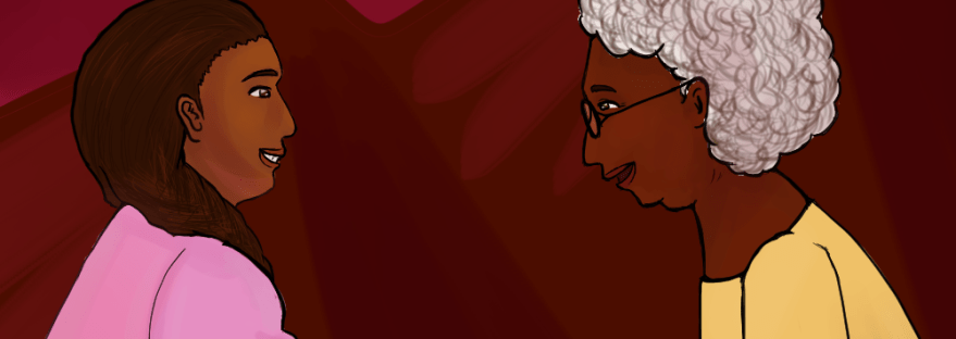 A girl chats with her Grandmother with backdrop of purple Texas sunset mountains