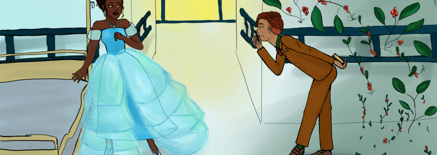 A princess stands distressed by a hospital bed; a faery with pointed ears beckons her while greenery blooms around him