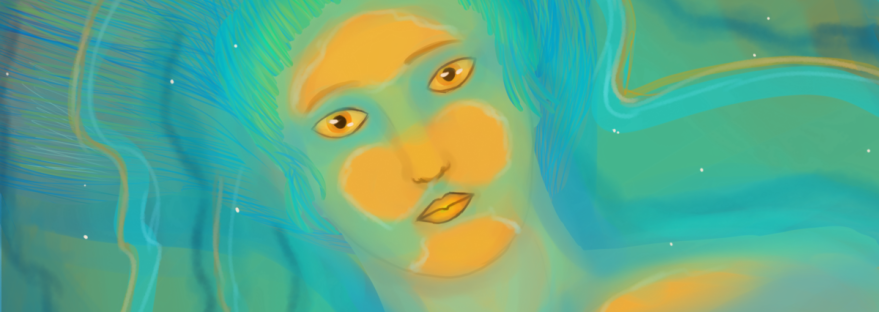 An orange girl half submerged in green water that reflects stars and ripples off her in waves