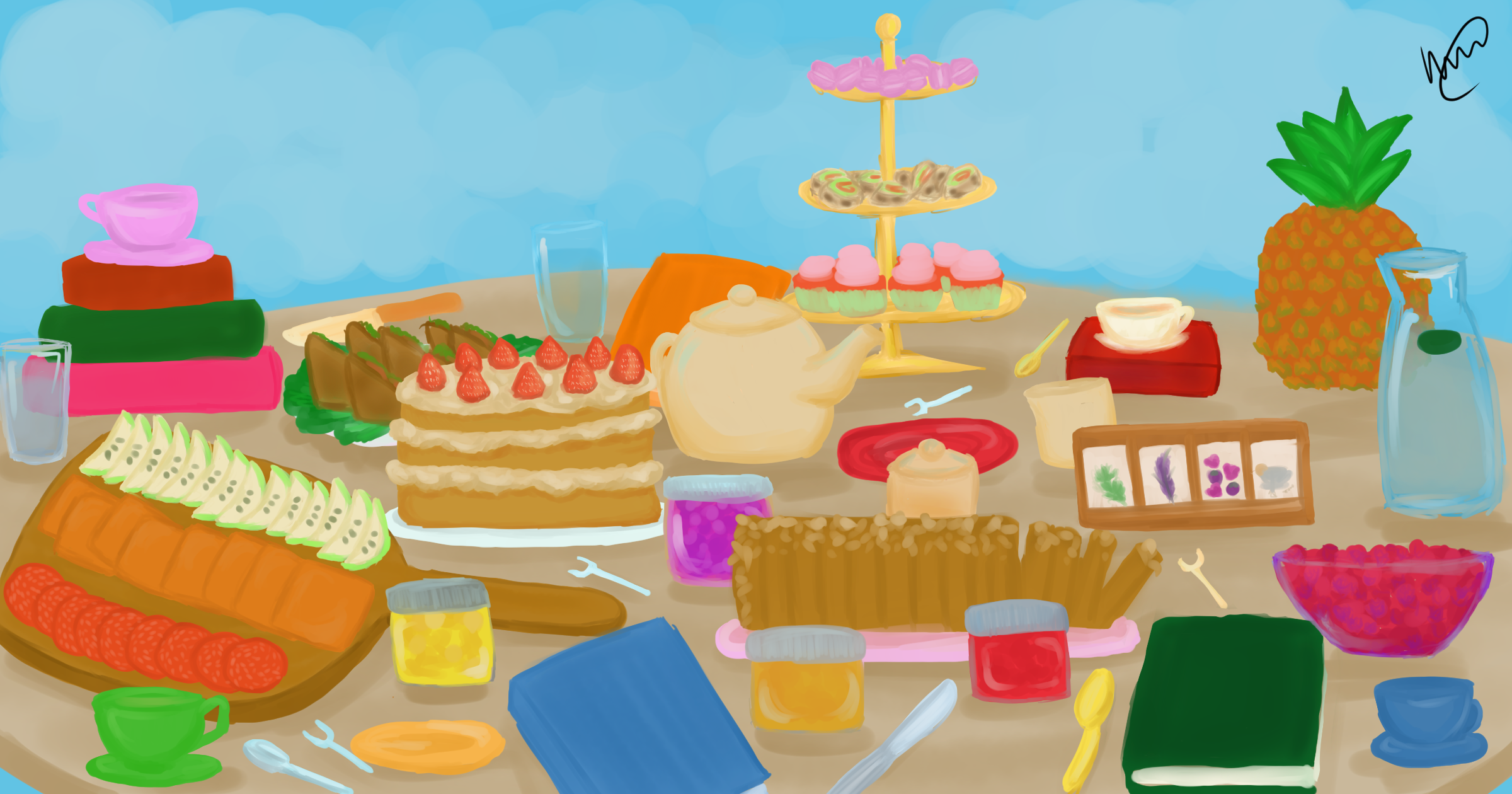 A Tea Party filled with an assortment of food, a charcuterie board, jam, bread, sweets, a cake, books, a tea pot, and tea cups, various fruits
