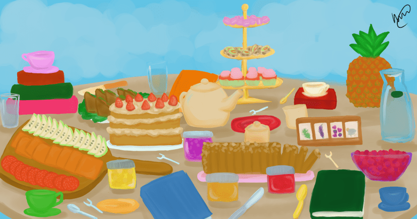 A Tea Party filled with an assortment of food, a charcuterie board, jam, bread, sweets, a cake, books, a tea pot, and tea cups, various fruits
