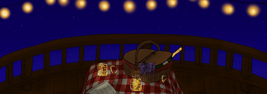 A picnic table underneath strings of faery lights, on the table is pizza, a journal, and mason jars filled with fairy lights