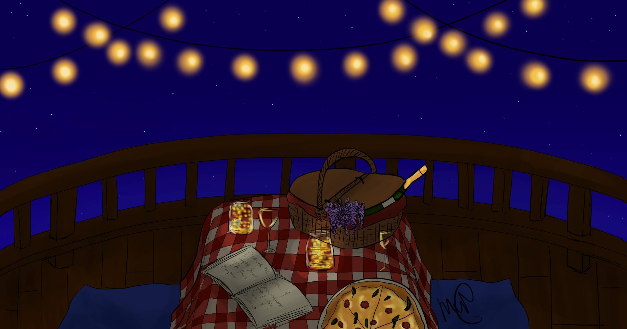 A picnic table underneath strings of faery lights, on the table is pizza, a journal, and mason jars filled with fairy lights