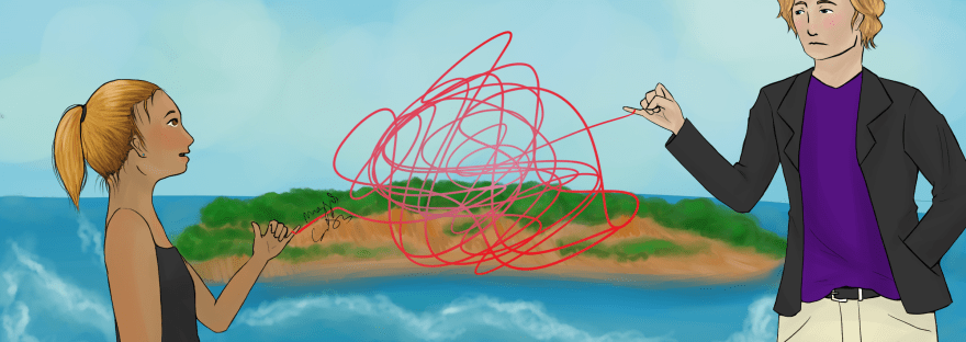 A man and woman stand before an island, their pinkies connected by a tangled red string.