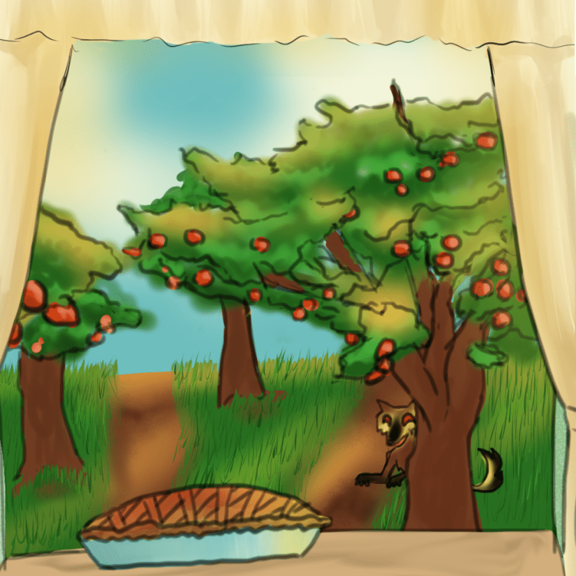 Curtains frame an apple pie cooling on a window sill. Outside we see apple trees and grass and paths and... a wolf, eyeing the pie, like he wants to grab it.