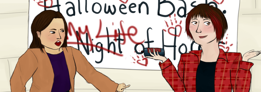 Ash Park on the left pointing accusingly at Bec Greene, trying to look innocent with spray paint in her hand as the two of them blush, standing in front of a grafitti'ed Halloween Bash banner