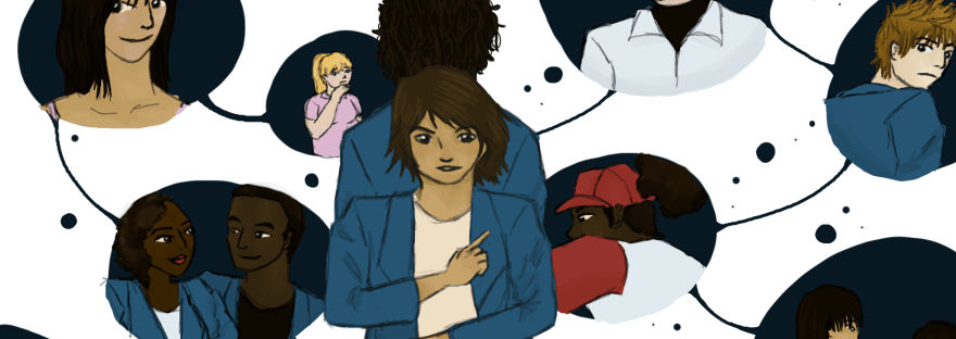 A girl in the center of floating bubbles depicting other characters. They are all connected. A boy is standing behind her, his back to the viewer.